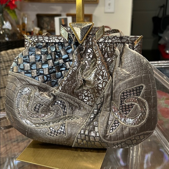 Sharif Handbags - Sharif Gold/Blue/Silver Crossbody/Clutch Multi Textured 9”x 7” Clasp Lock EUC